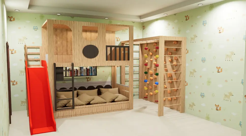 Wide view of a 4 × 4 m indoor room with a wooden playhouse, red slide, reading nook and climbing equipment