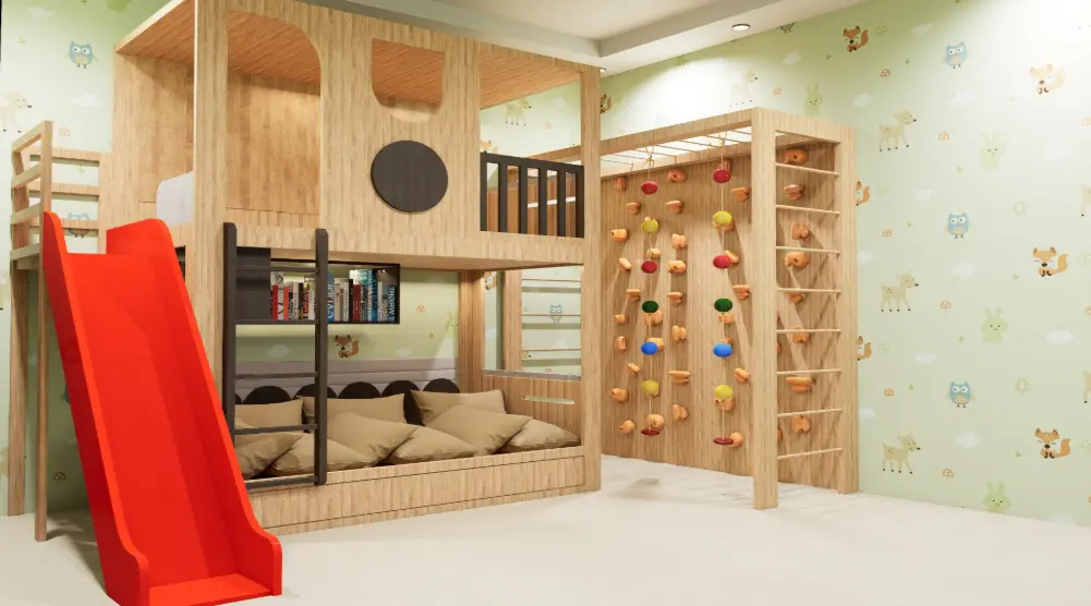 Wooden indoor play structure with a red slide, elevated playhouse, reading nook and colorful climbing wall