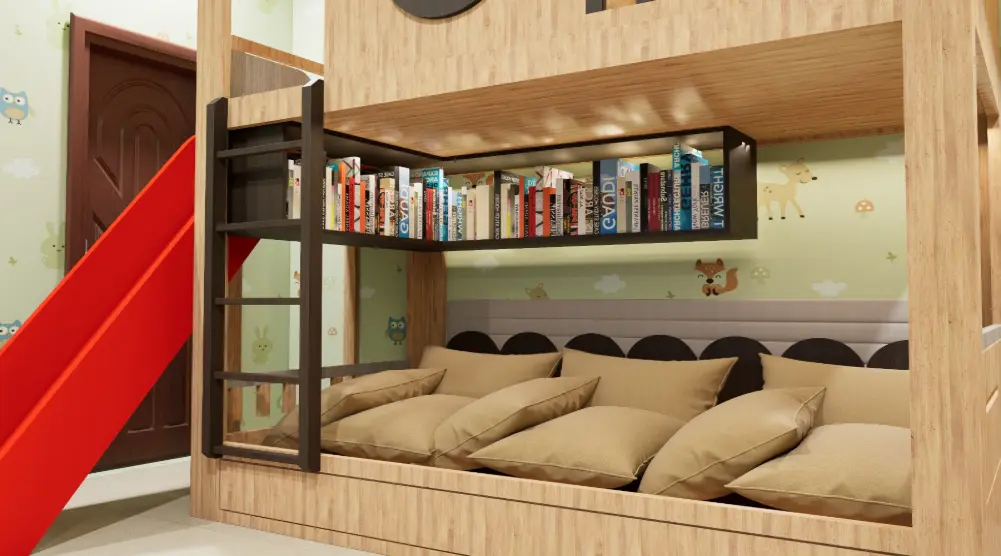Wooden indoor reading nook beneath an elevated playhouse with cushions, a bookshelf, access ladder and red slide