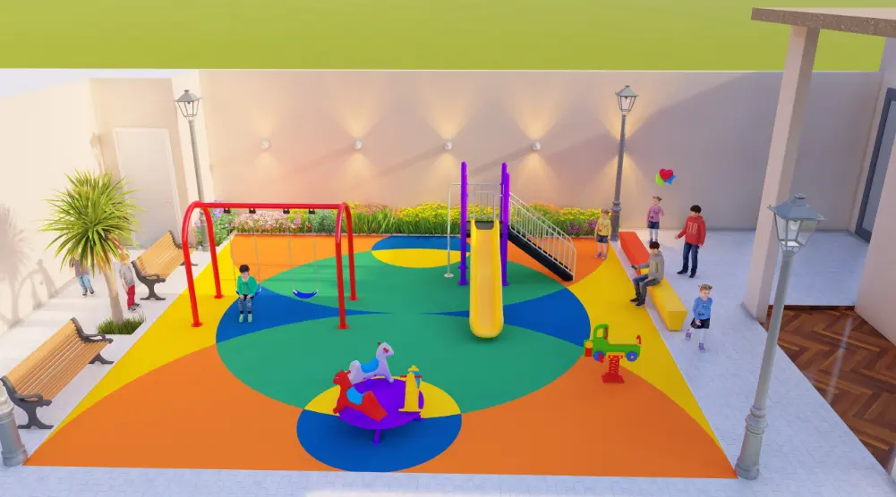 Elevated front view of a square courtyard play area with a yellow slide, red swings, roundabout and animal spring riders