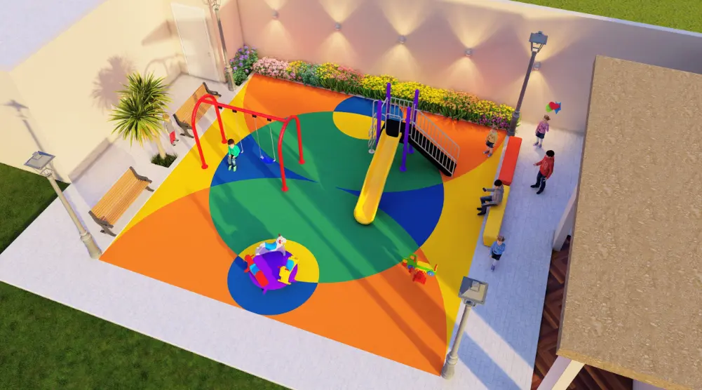 High angled view of a 9 × 9 m courtyard playground with circular floor graphics, slide stairs, swings and benches