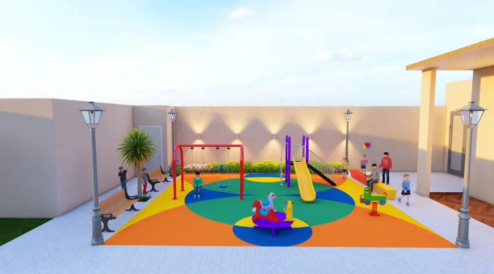 Wide front view of a 9 × 9 m courtyard play area with circle-pattern flooring, a yellow slide, red swings and a roundabout