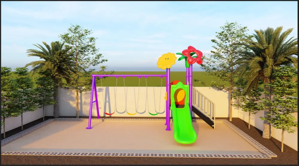Front view of a flower-themed slide and swing area with a green slide, three swings and side access stairs