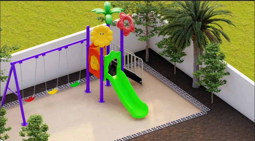 Close elevated view of a green playground slide with flower decorations, purple posts and three colorful swing seats
