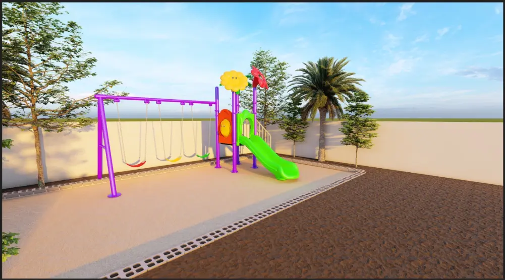 Wide side view of a purple three-seat swing frame connected to a flower-themed platform with a green slide