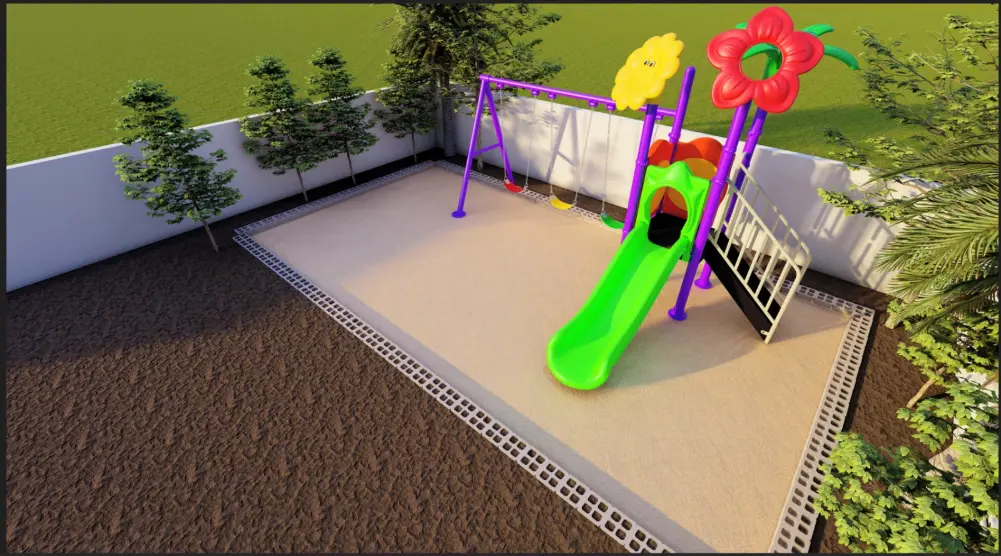 Angled aerial view of a green slide, flower-decorated play platform, access stairs and purple swing frame