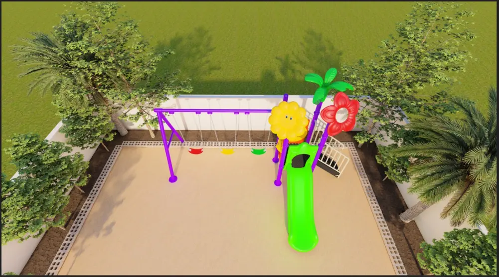 Elevated front view of a flower-themed play structure with a green slide and three-seat swing frame
