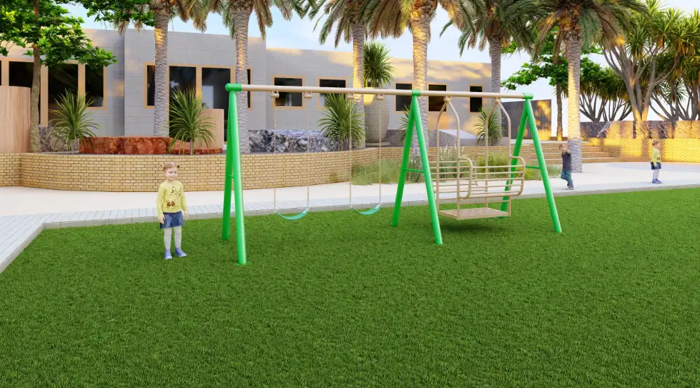 Green swing frame with an individual seat and a wide seat with a backrest in an outdoor garden