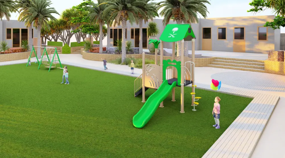 Side view of a roofed play tower with a straight green slide and yellow spiral climbing pole beside a paved path