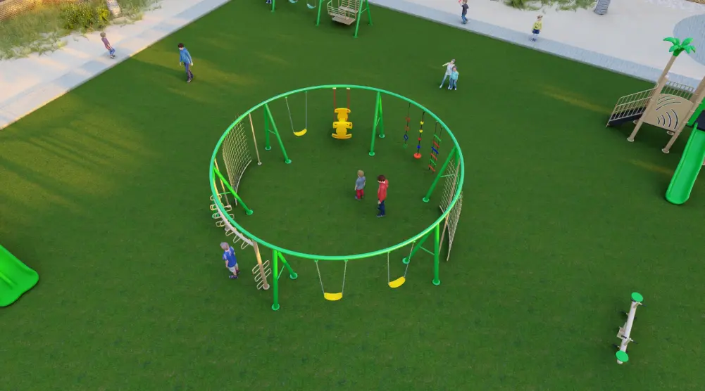 Green circular activity frame with suspended swing seats and climbing elements in an outdoor play area