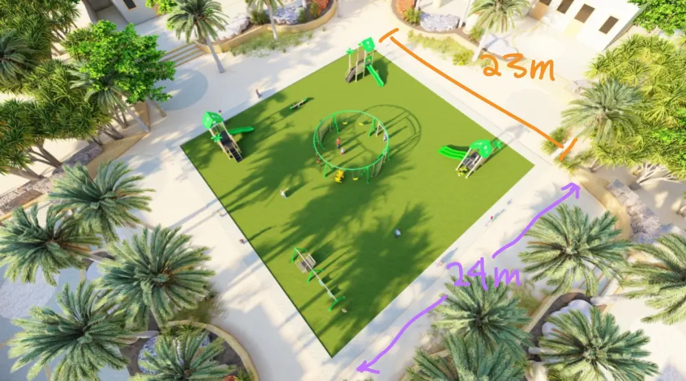 Aerial view of a 23 × 24 m play park with a circular activity frame, green slides, play towers and swings