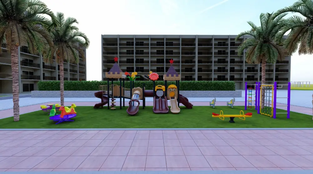 Wide view of a linear residential playground with twin towers, slides, a seesaw, rotating play units and climbing frame