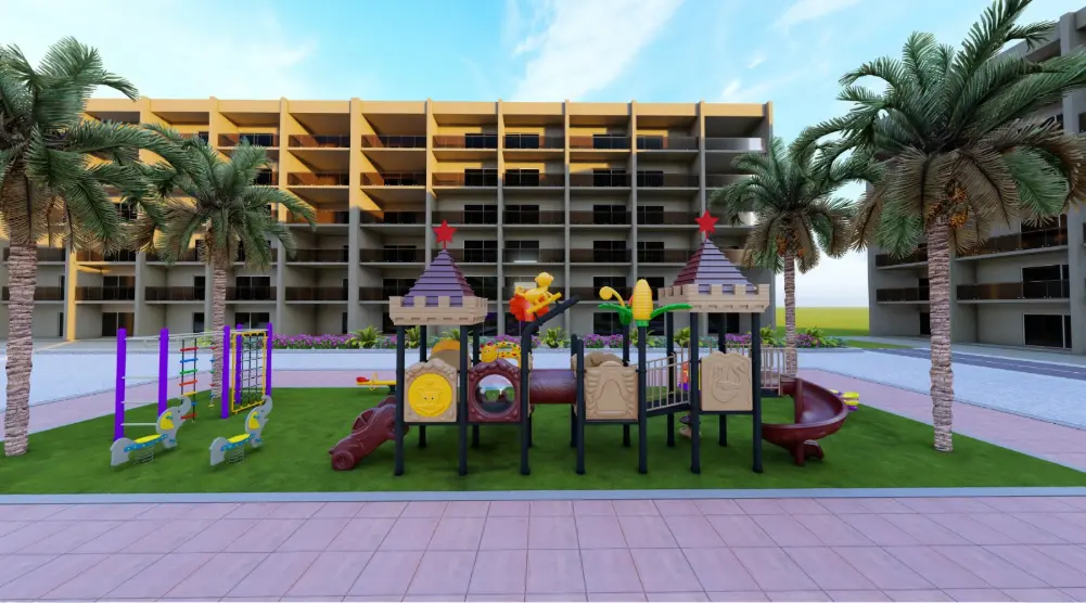 Opposite-side view of twin playground towers with activity panels, connected platforms and curved slides