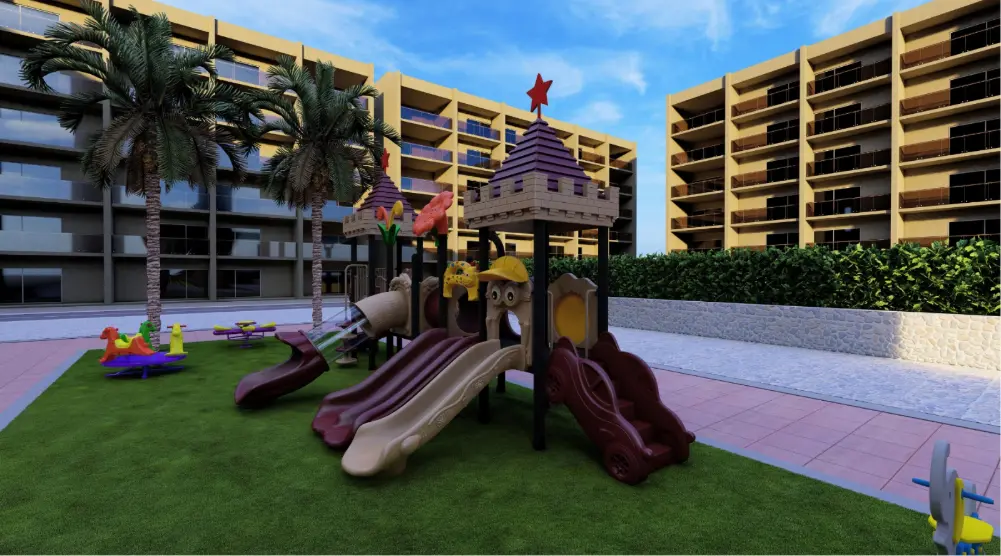 Close angled view of a roofed playground tower with a double slide, curved slides and decorative flower panels