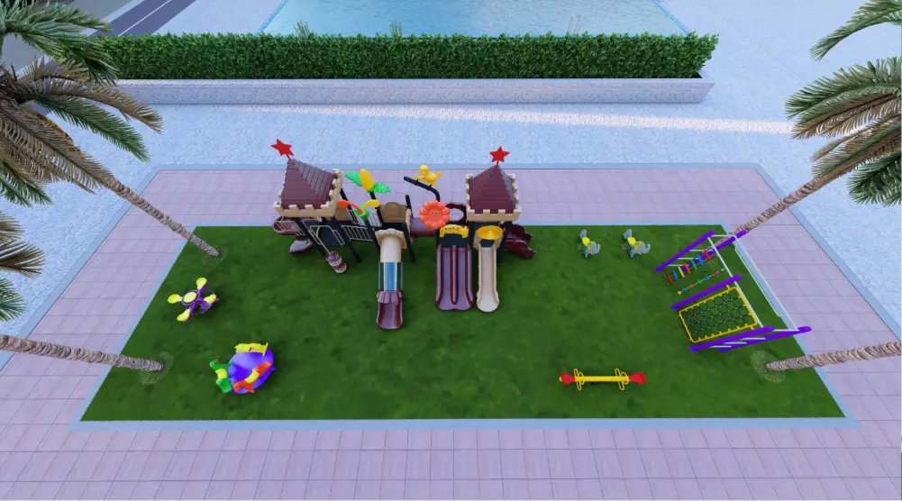 High angled view of a 19 × 6 m residential playground with slides, rotating play units, seesaws and climbing equipment