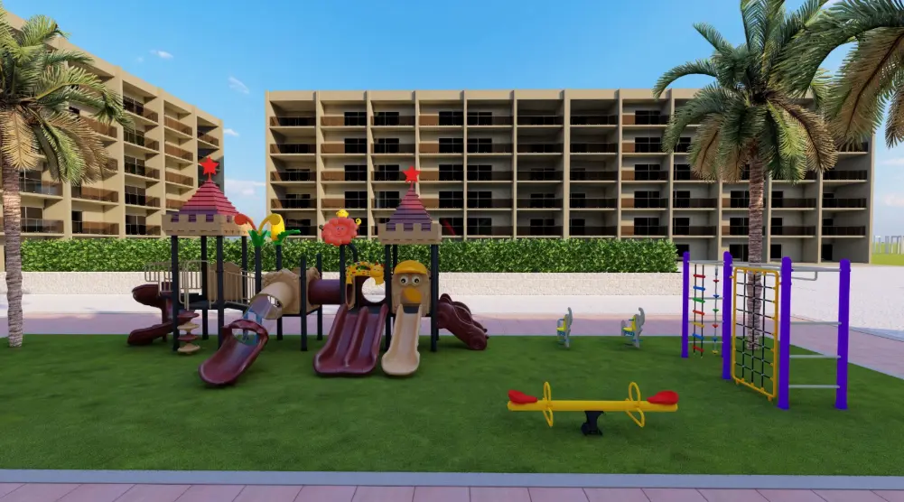 Residential playground with twin roofed towers, brown and beige slides, a seesaw and purple climbing frame