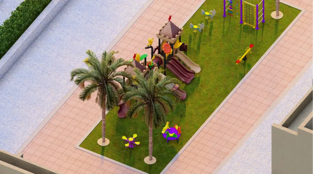 Elevated lengthwise view of a narrow residential playground with twin play towers, slides, climbing equipment and palm trees