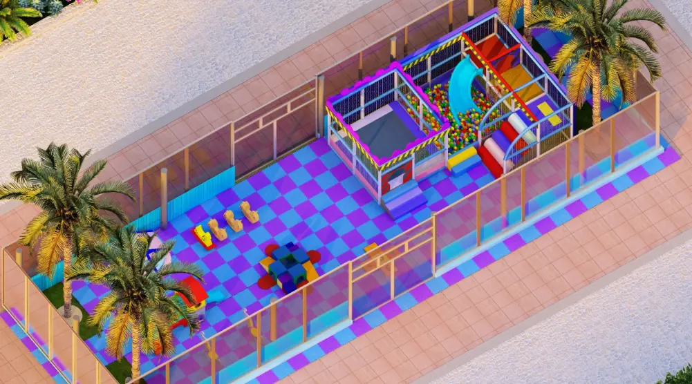 Aerial view of a narrow courtyard with a netted soft play structure, ball pit and smaller play activities