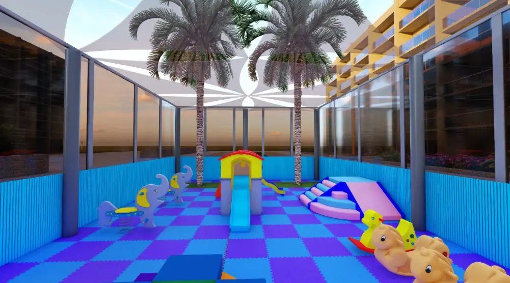 Small blue slide, animal rockers and pastel foam steps in a shaded courtyard play area