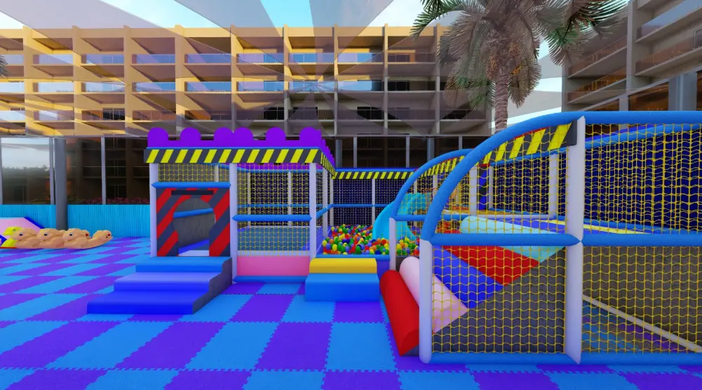 Side view of a netted play structure with colourful padded ramps, entrance steps and an adjoining ball pit