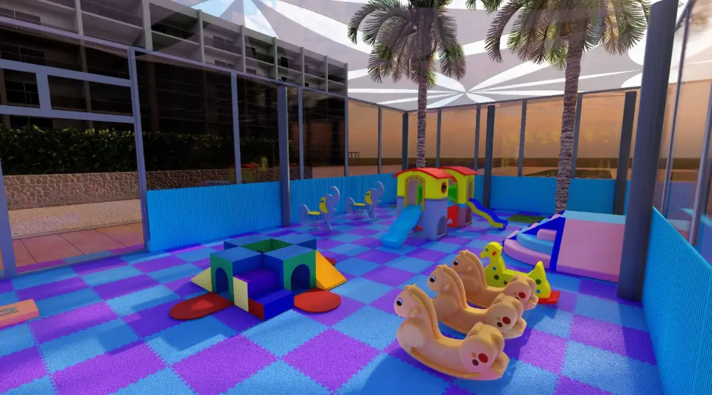 Courtyard play area with animal rockers, foam blocks, small slides and blue and purple flooring