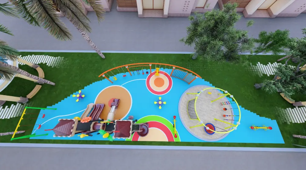 Elevated overview of an irregular residential play area with slides, a circular swing frame and an orange climbing course