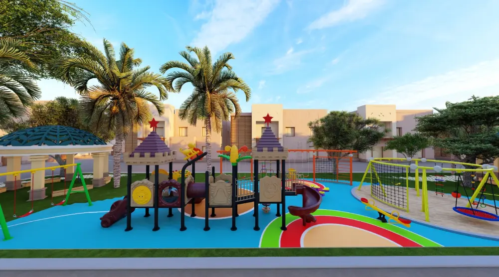 Rear view of connected castle-style play towers with activity panels, slides and a circular swing frame nearby