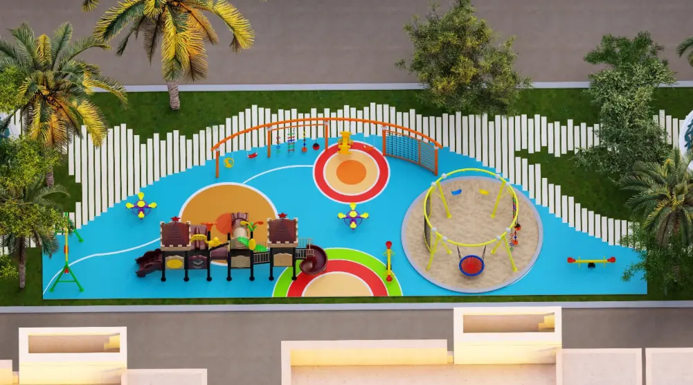 Aerial view of a curved play area with castle towers, a circular swing frame, rope climbing activities and a white fence