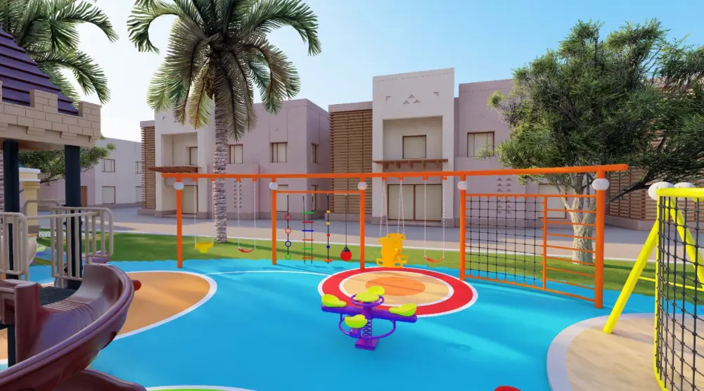 Orange climbing course with rope nets and hanging elements beside circular floor patterns and a spring seesaw