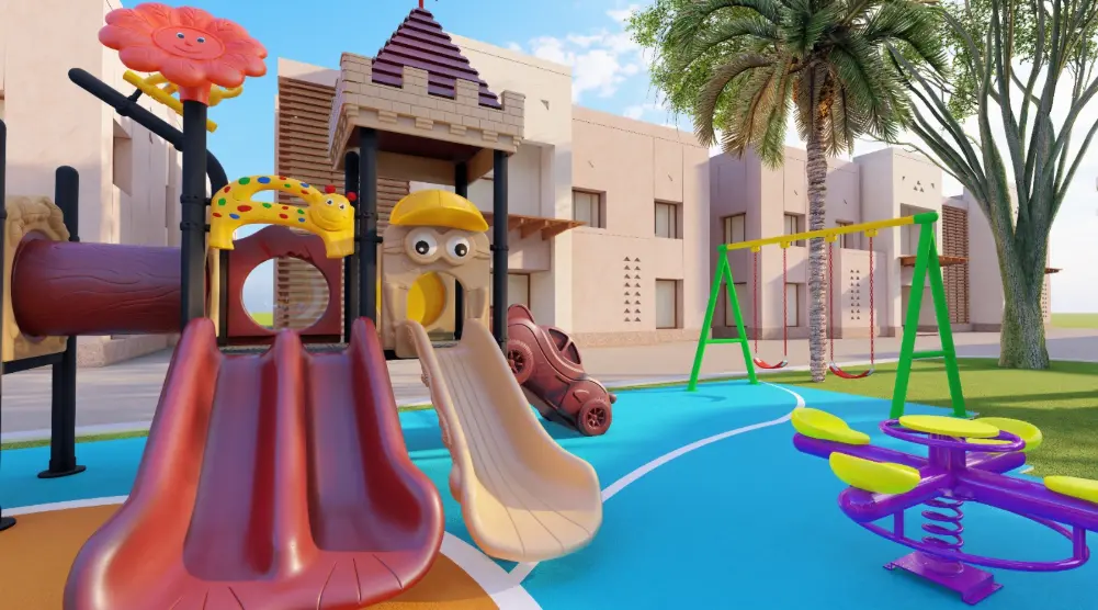 Close view of a red double slide and beige slide beneath a castle-style play tower