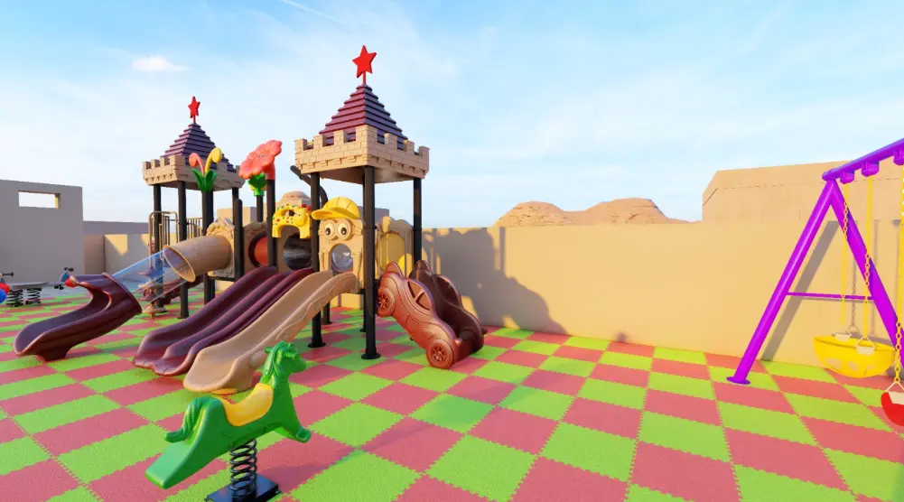 Angled view of castle play towers with red and beige slides, a green spring rider and a purple swing frame