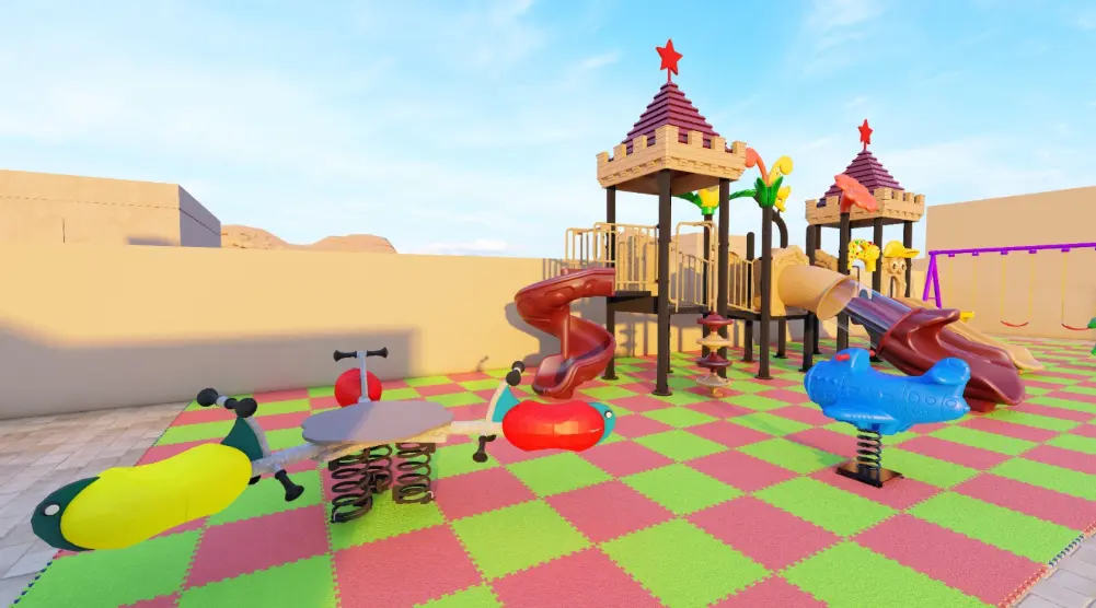 Castle playset with a red spiral slide, connecting platforms and colourful spring riders