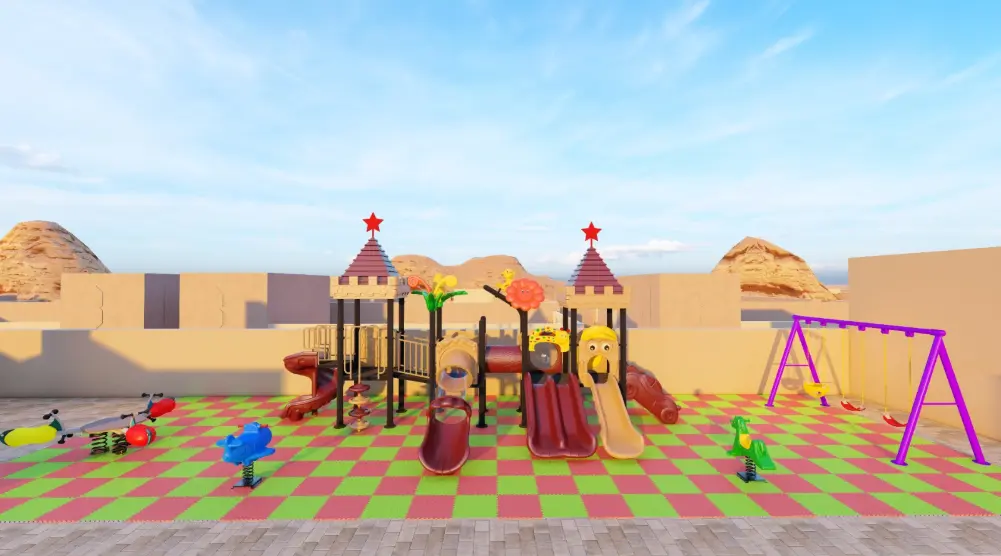Wide front view of a castle playset with slides, spring riders and a purple swing set