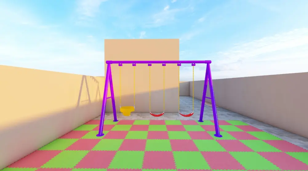 Purple swing frame with three suspended seats at the end of a rectangular play area