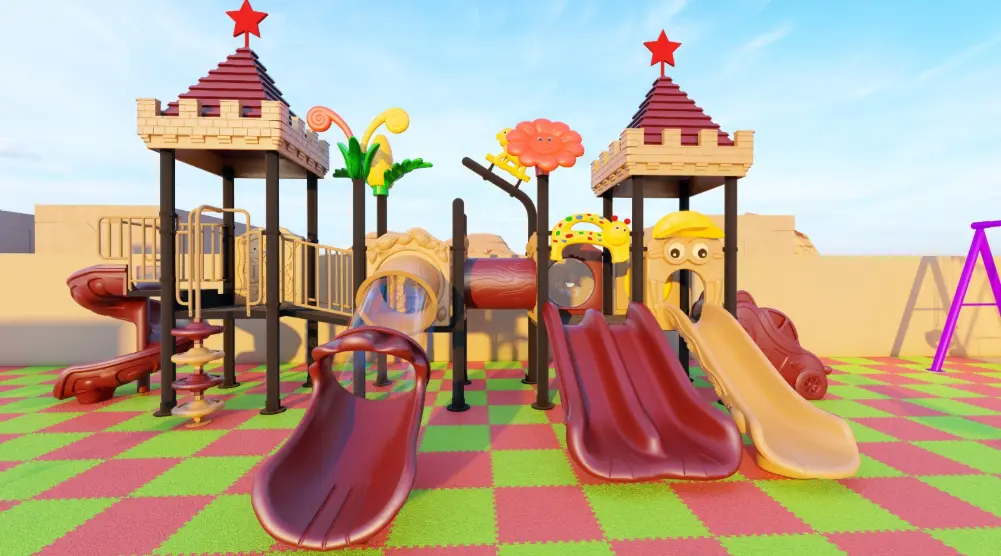 Front view of twin castle play towers with a red double slide, beige slide and flower decorations