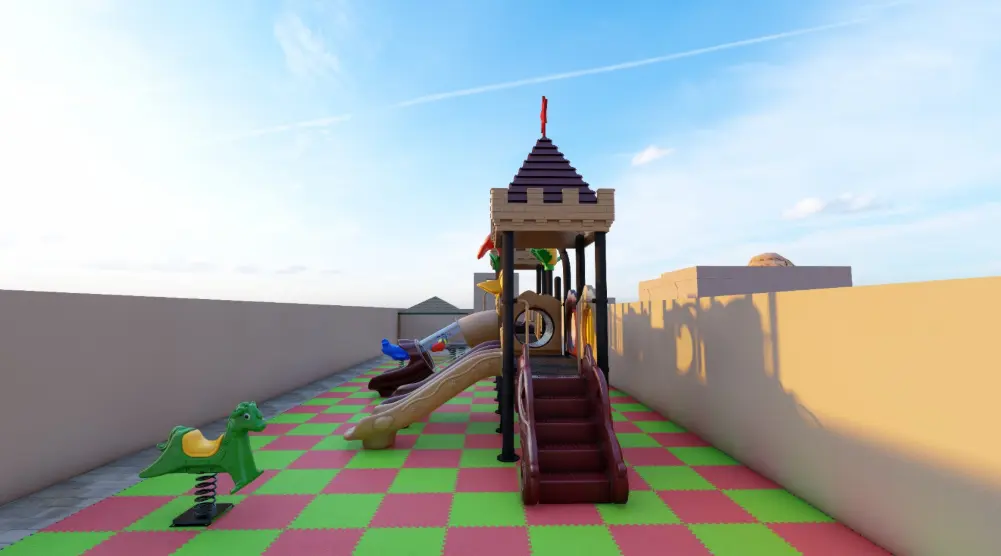 Side view of a castle play tower with access steps, slides and a green spring rider