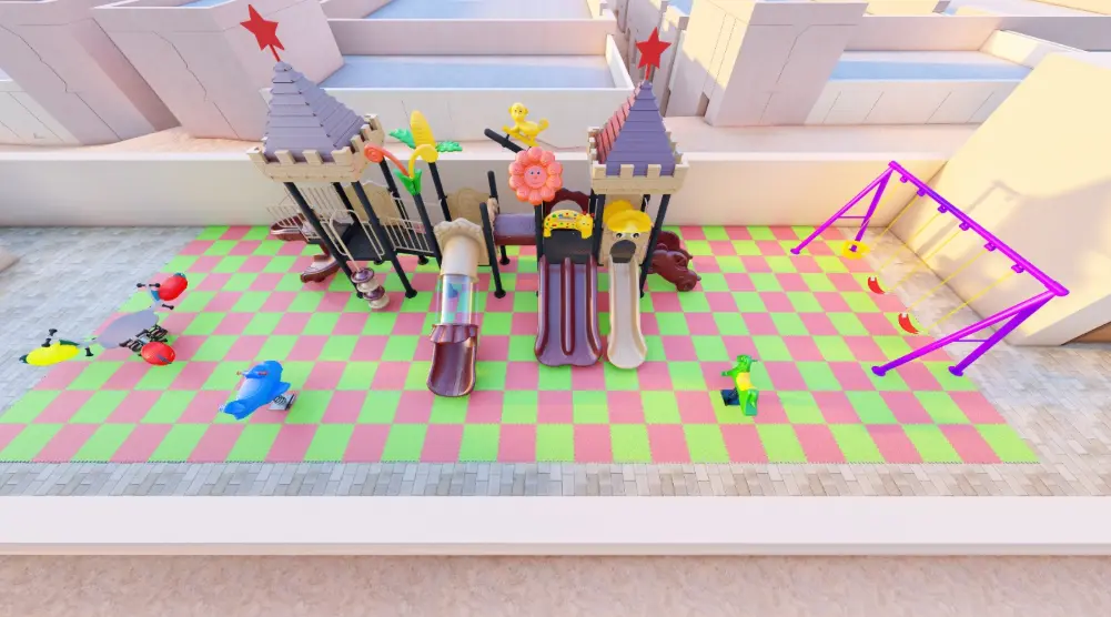 Elevated overview of a rectangular play area with castle towers, slides, spring riders and a purple swing set