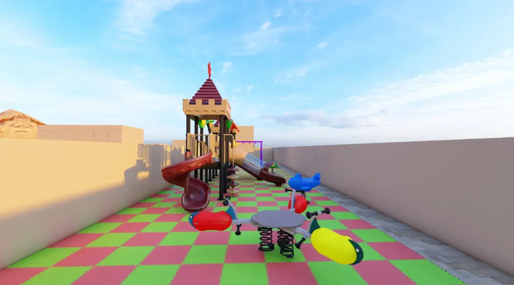 View along a narrow play area with a castle tower, spiral slide, spring seesaw and animal riders