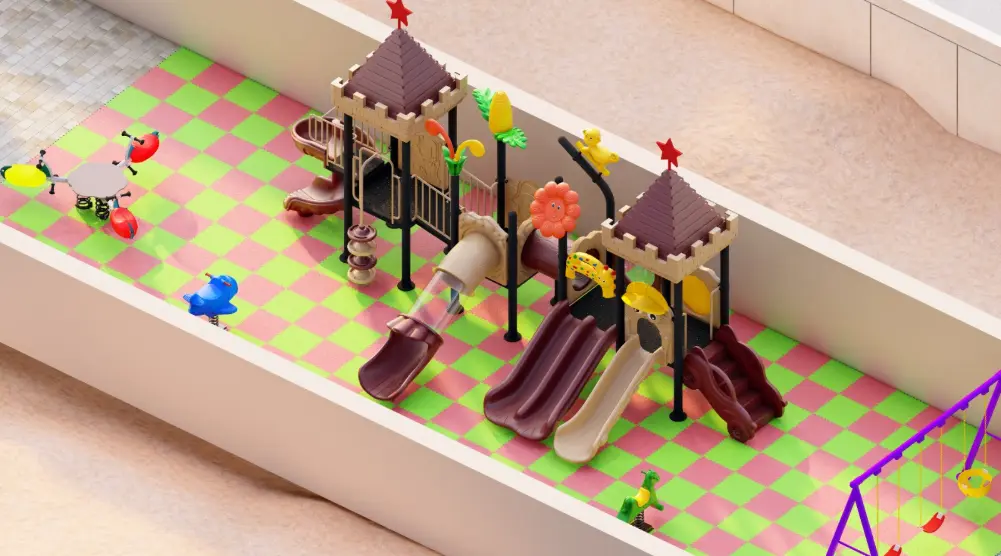 Elevated view of a castle-style playset with twin towers, multiple slides and colourful spring riders