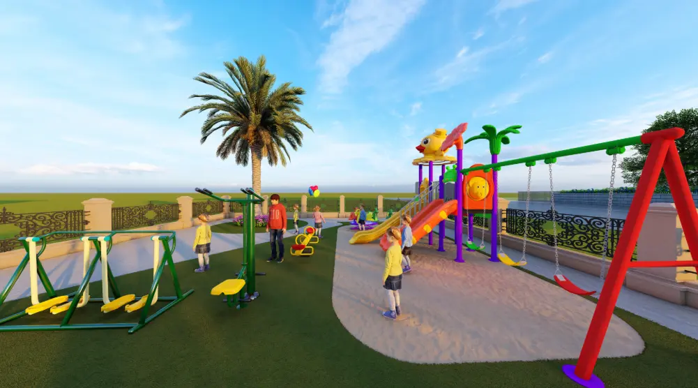 Side view of outdoor playground with swing set, slides and fitness equipment