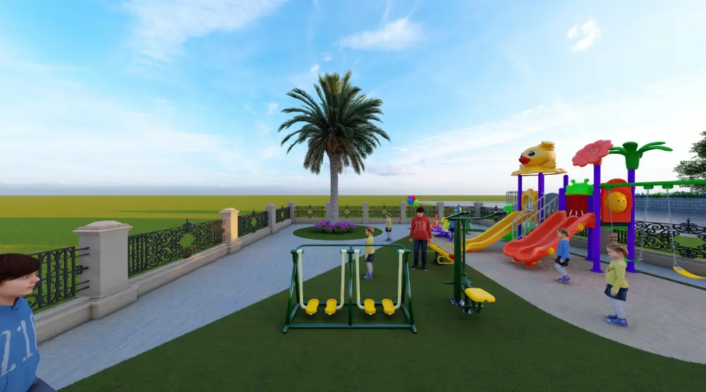 Rear view of community playground with toddler swings, slides and spring riders