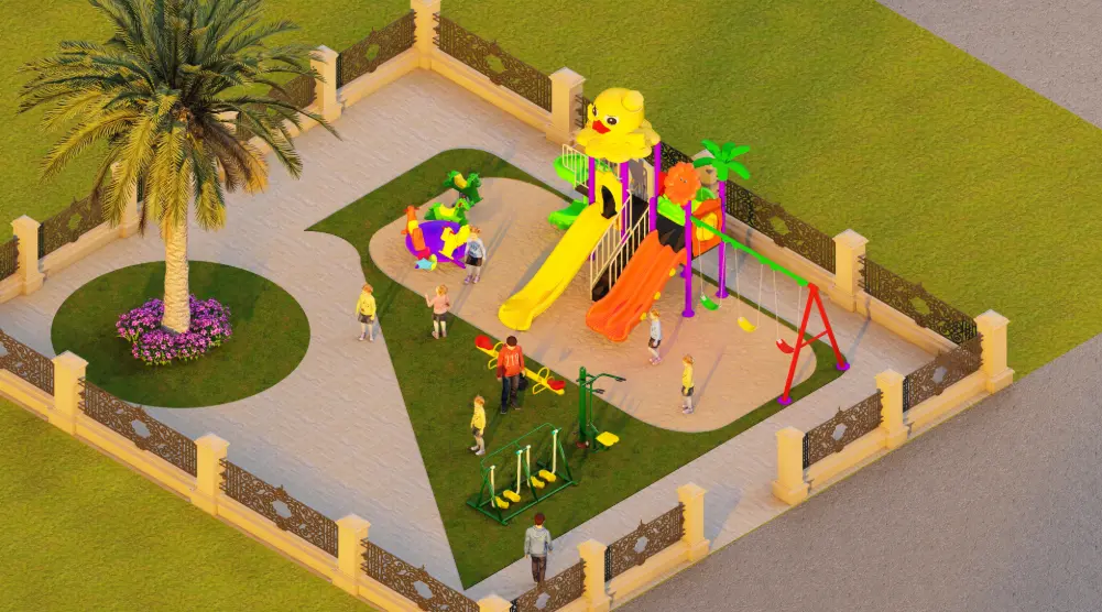 Elevated view of community playground with slides, swings and outdoor fitness equipment