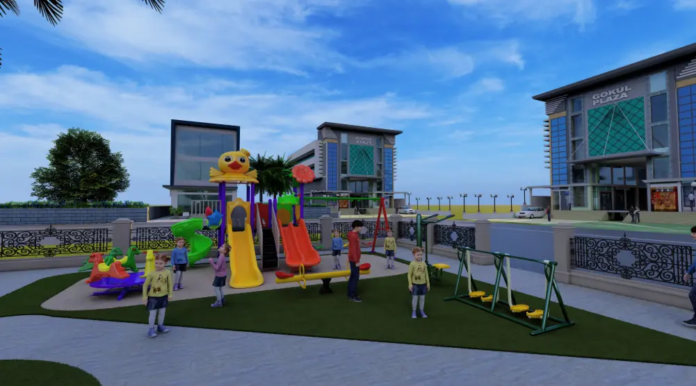 Front view of 9.6 × 9.6 m outdoor playground with multi-play tower, slides and swings
