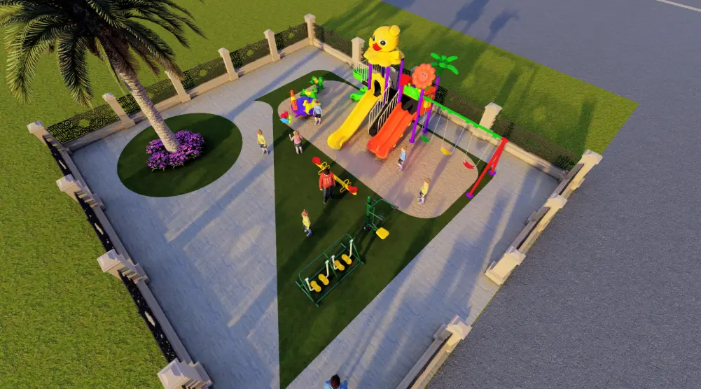 Aerial view of irregular 61.12 m² community playground with slides, swings and fitness equipment