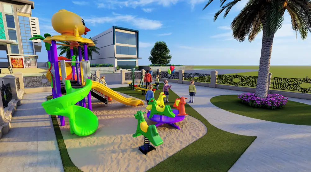 Community playground with spiral slide, straight slides, carousel and spring riders